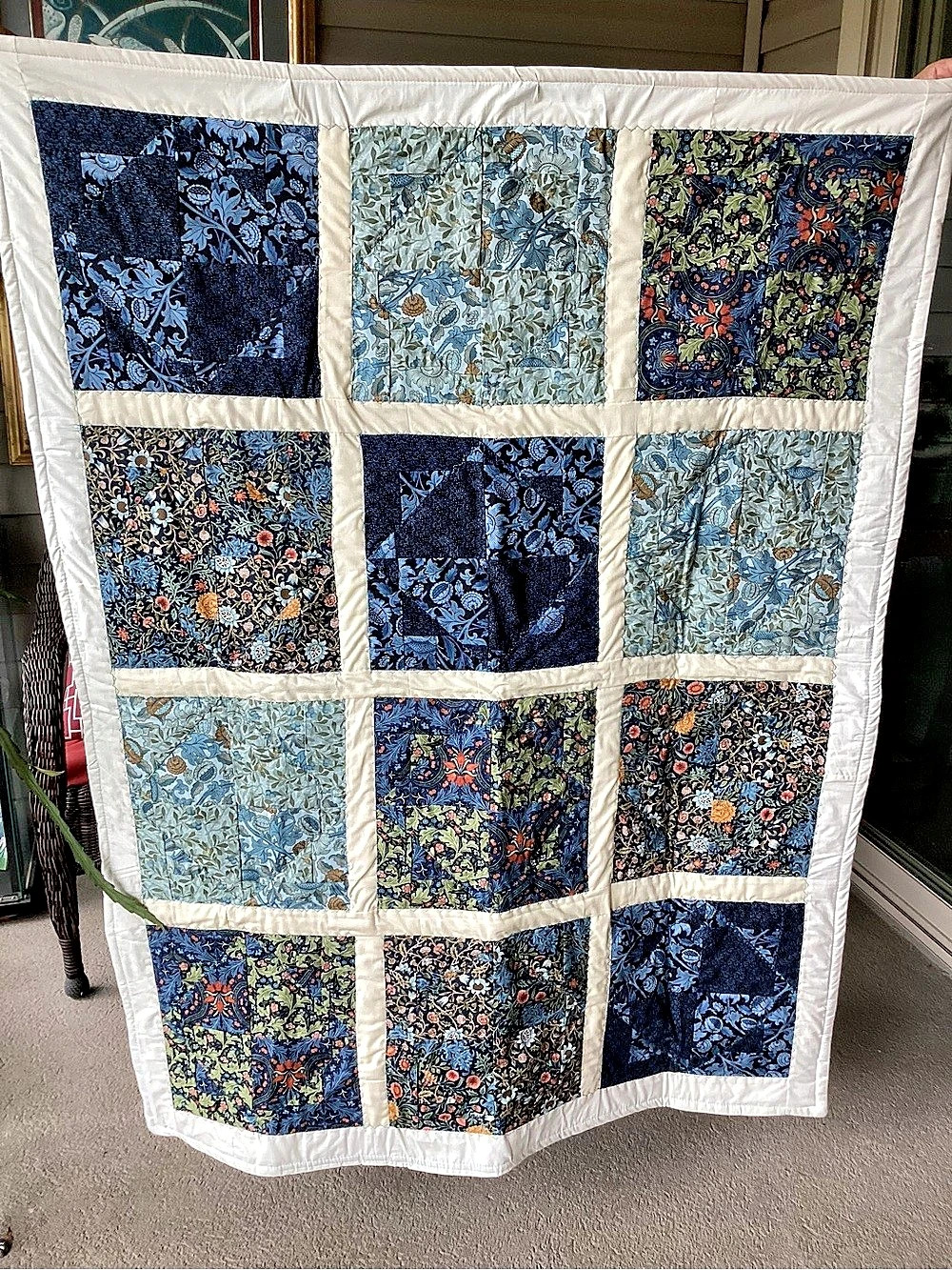NWT. Hand Crafted William Morris Prints Quilt in Greens and Blues
